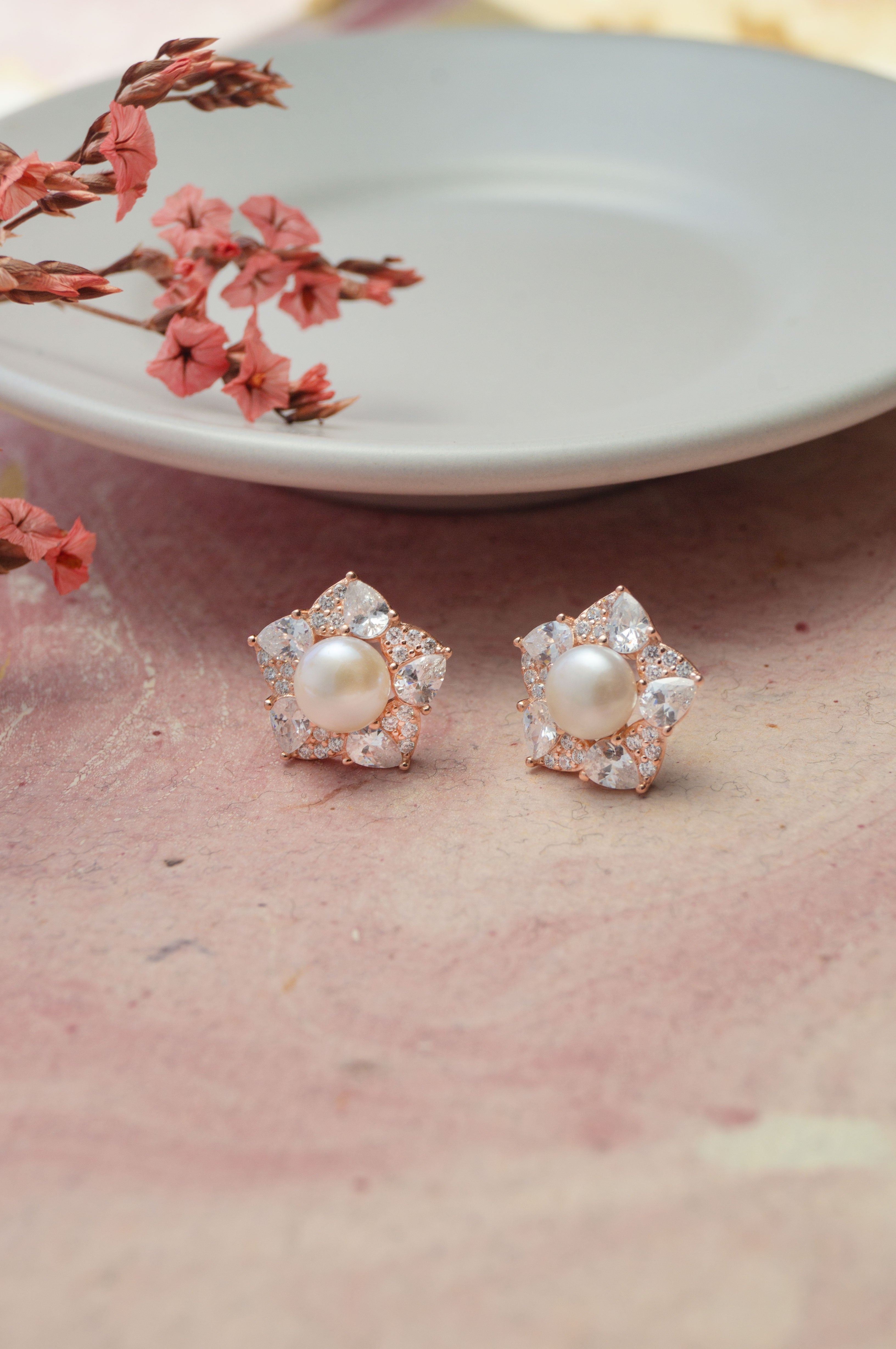Blooming Pearl Flower Rose Gold Plated Sterling Silver Stud