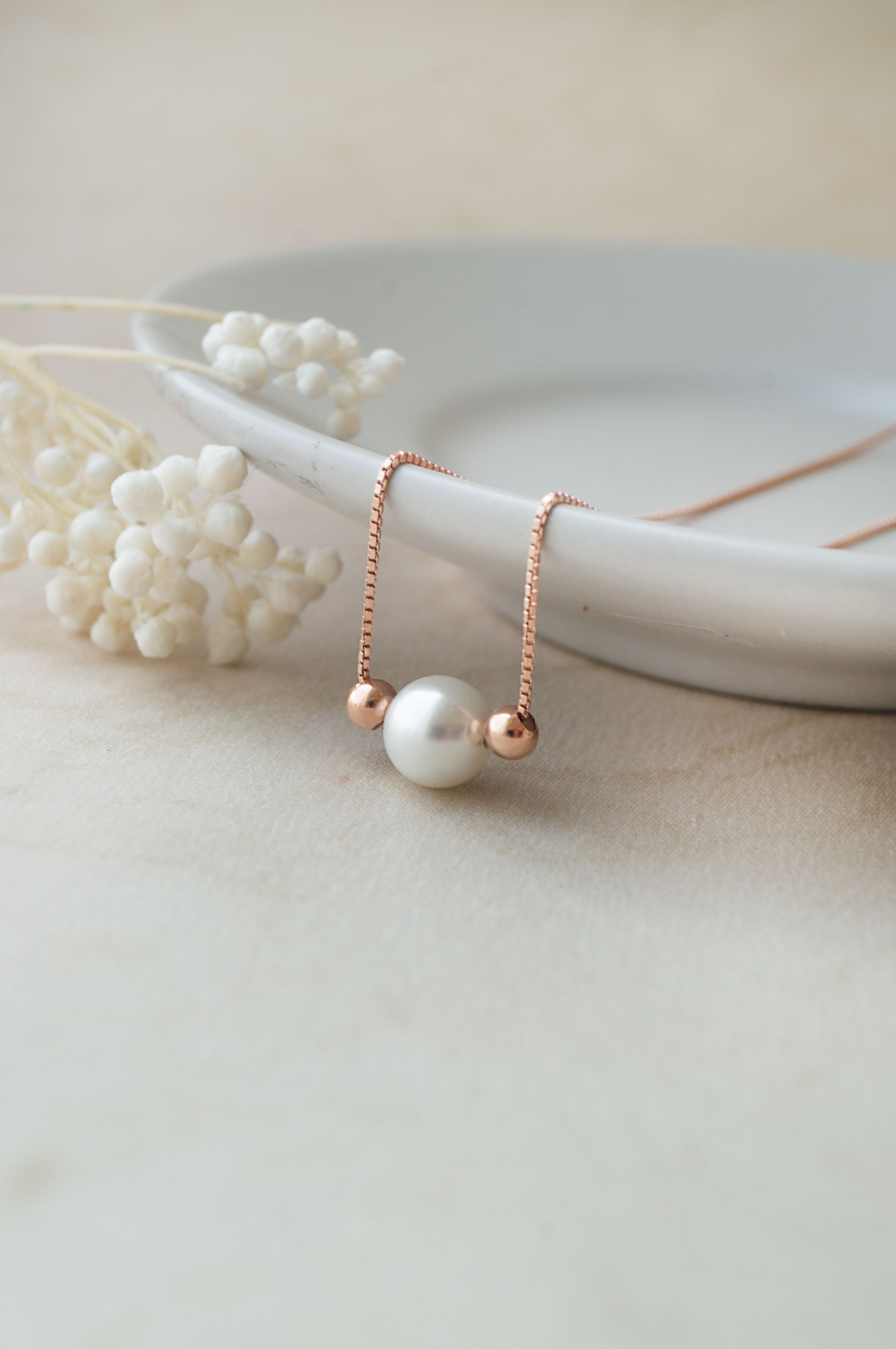 Pearl With Beads Rose Gold Plated Sterling Silver Chain Necklace