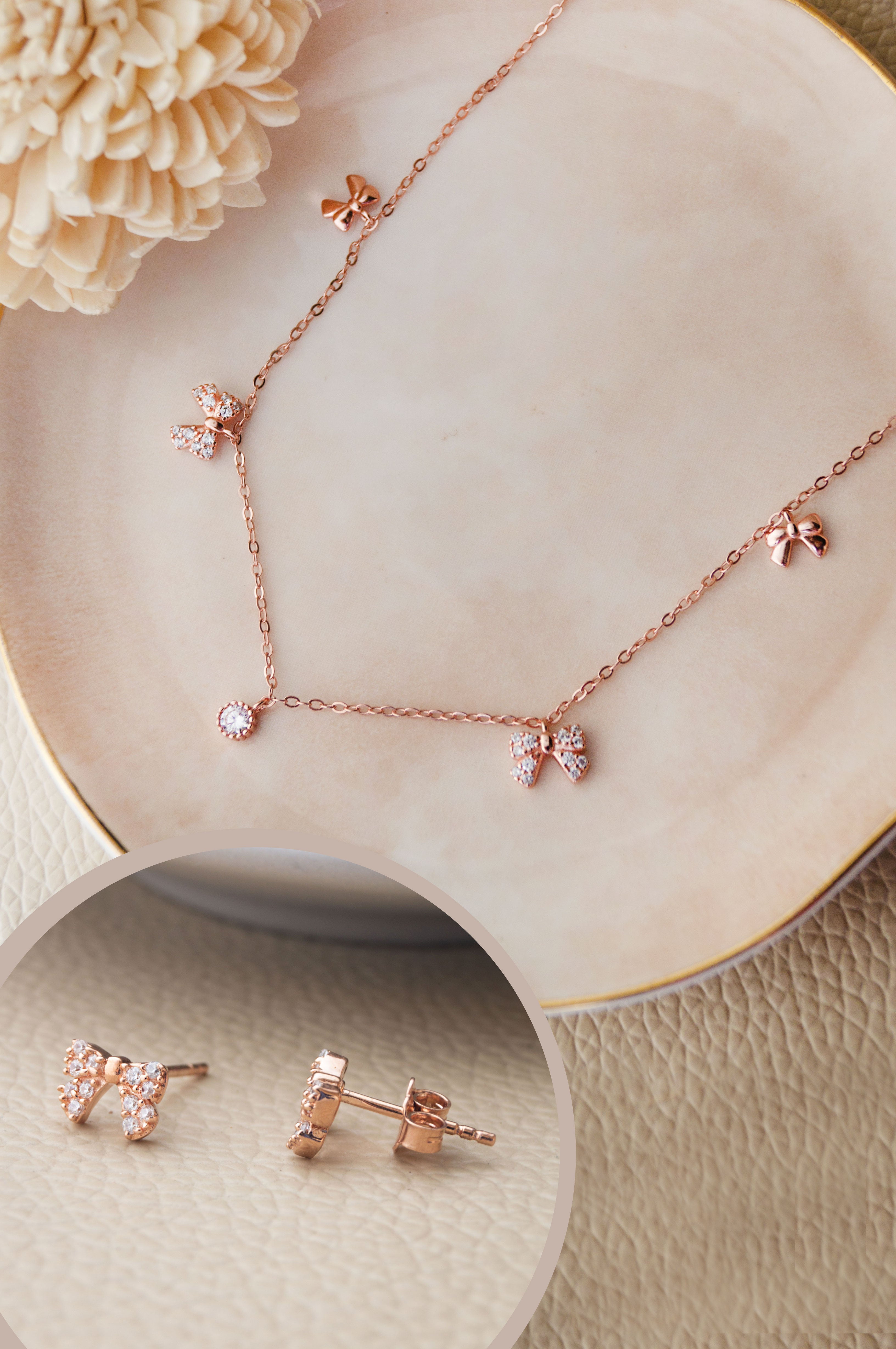 Cutie Bow Rose Gold Plated Sterling Silver Necklace Set 925