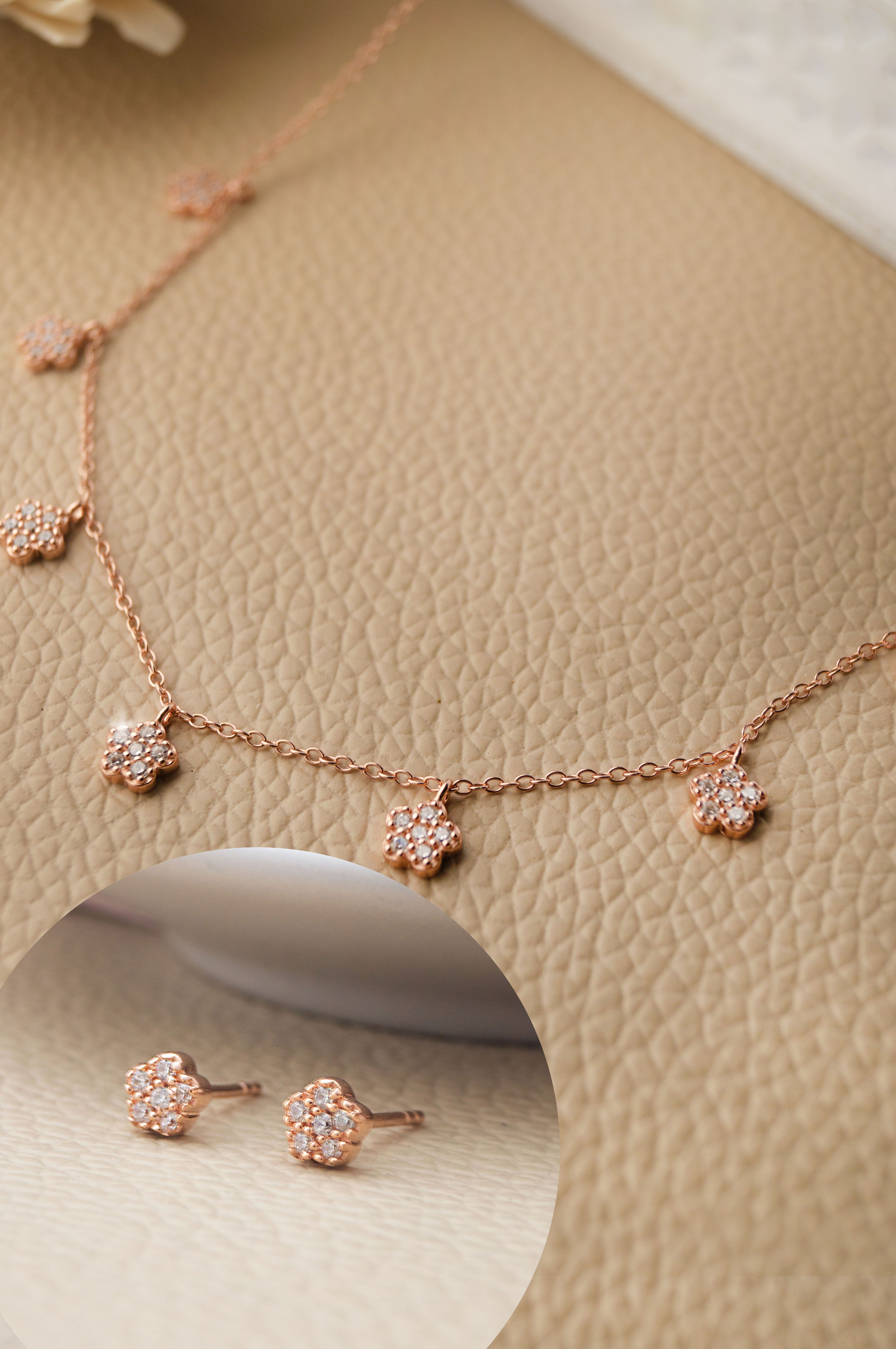 Happy Flower Rose Gold Plated Sterling Silver Necklace Set 925