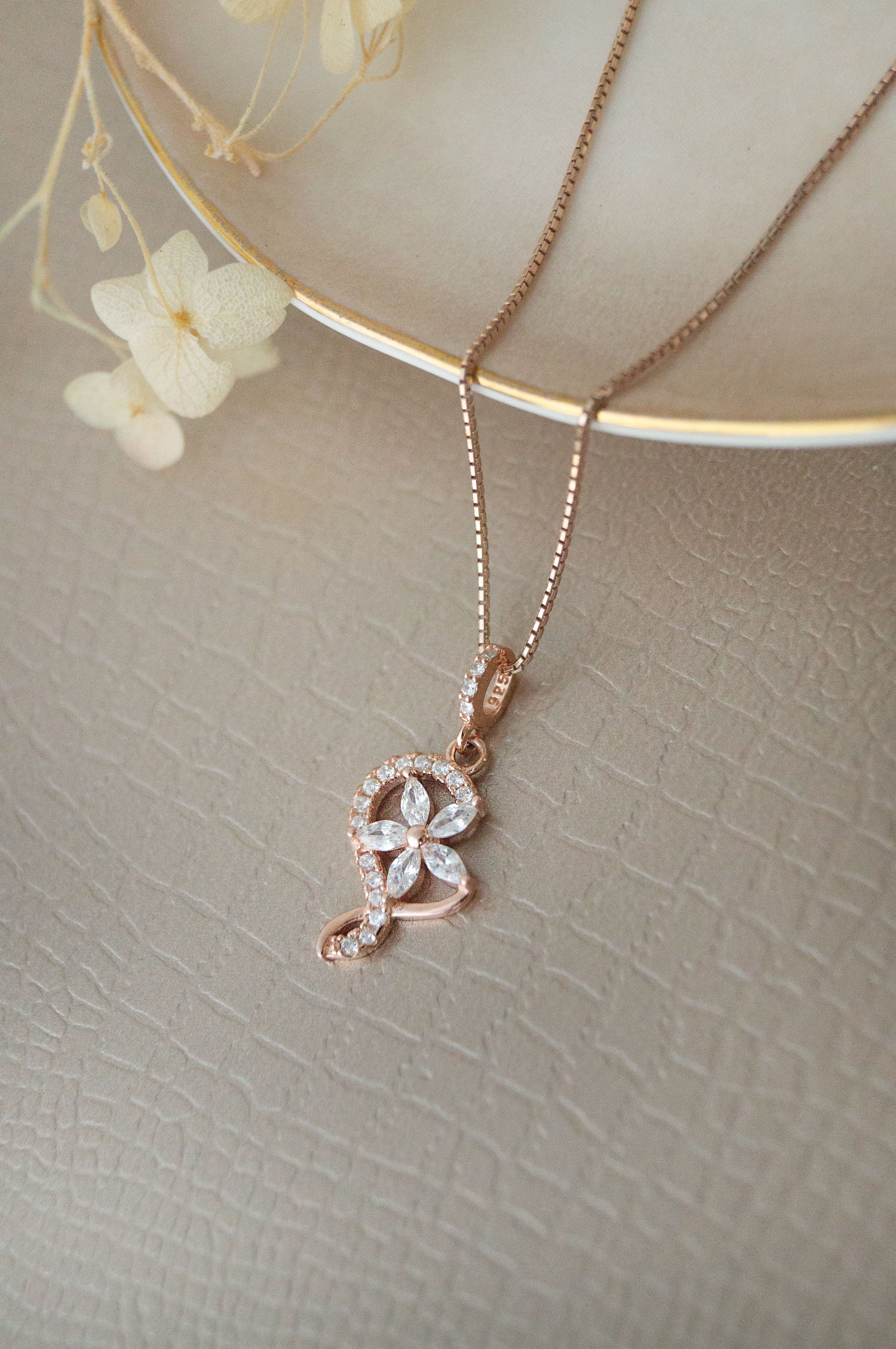 With Chain Rose Swirling Flower Rose Gold Plated Sterling Silver Pendant