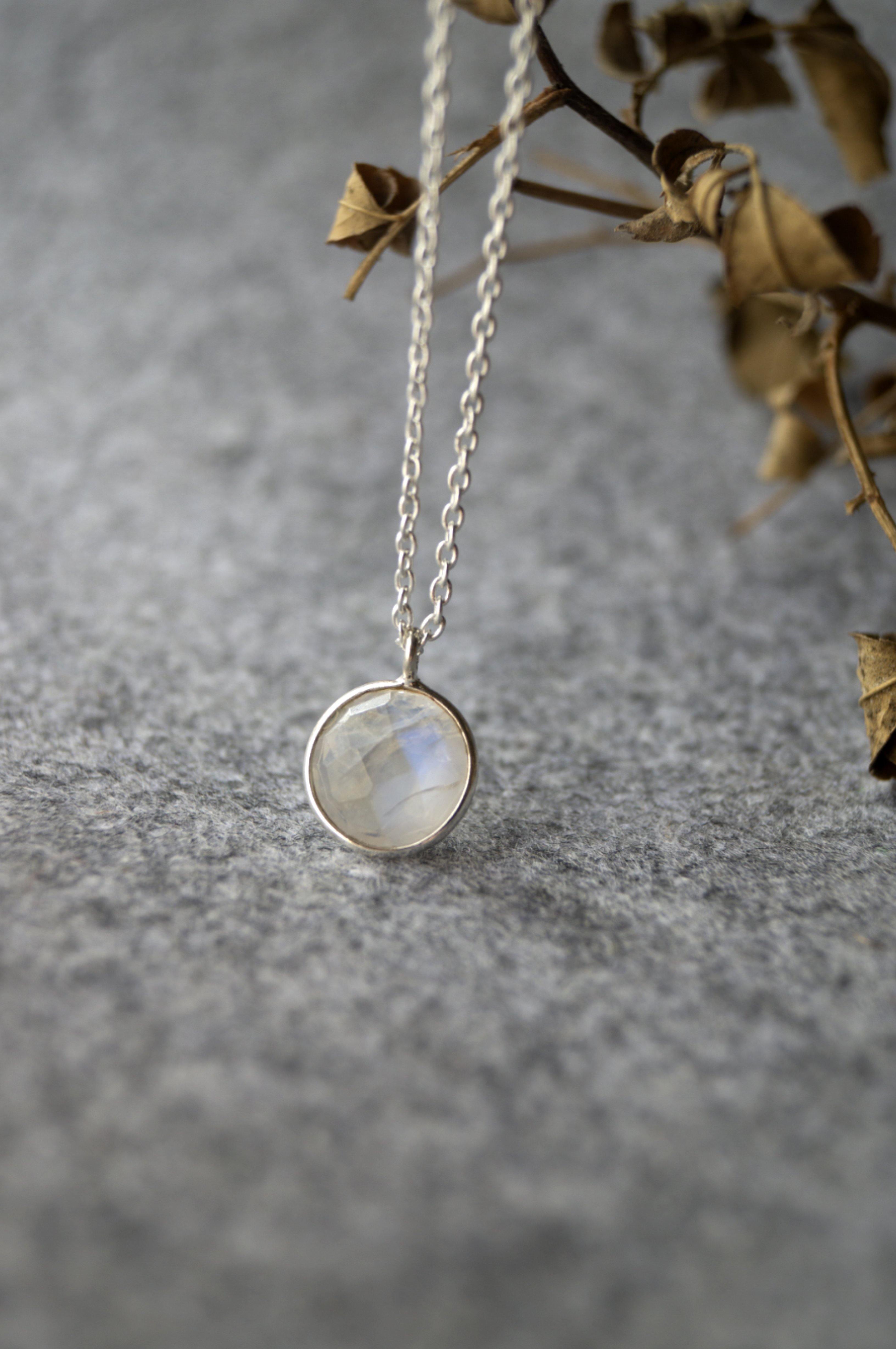 Silver inches Rainbow Moon Stone Coin Sterling Silver Pendant Necklace