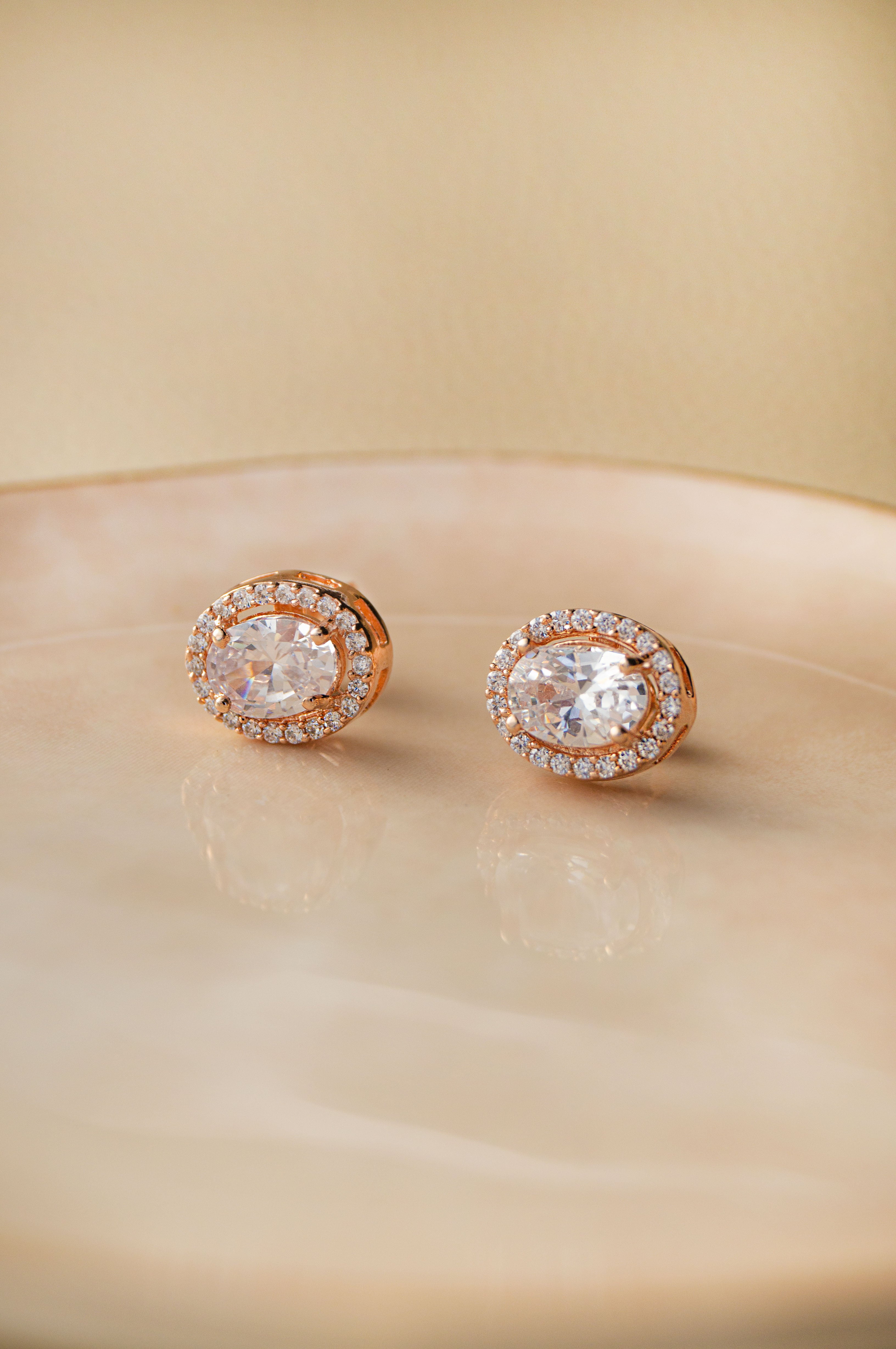Rose Halo Oval Rose Gold Plated Solitaire Sterling Silver Earrings