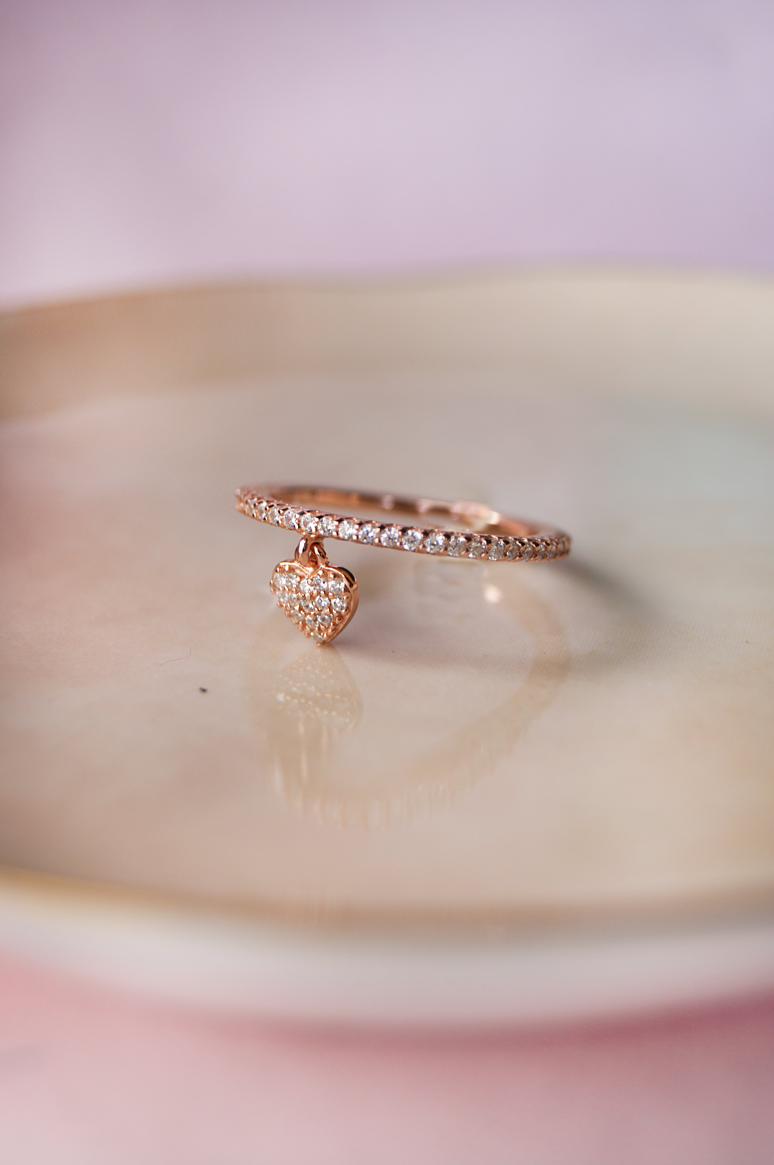 US Diameter Rose Heart Charm Rose Gold Plated Sterling Silver Ring