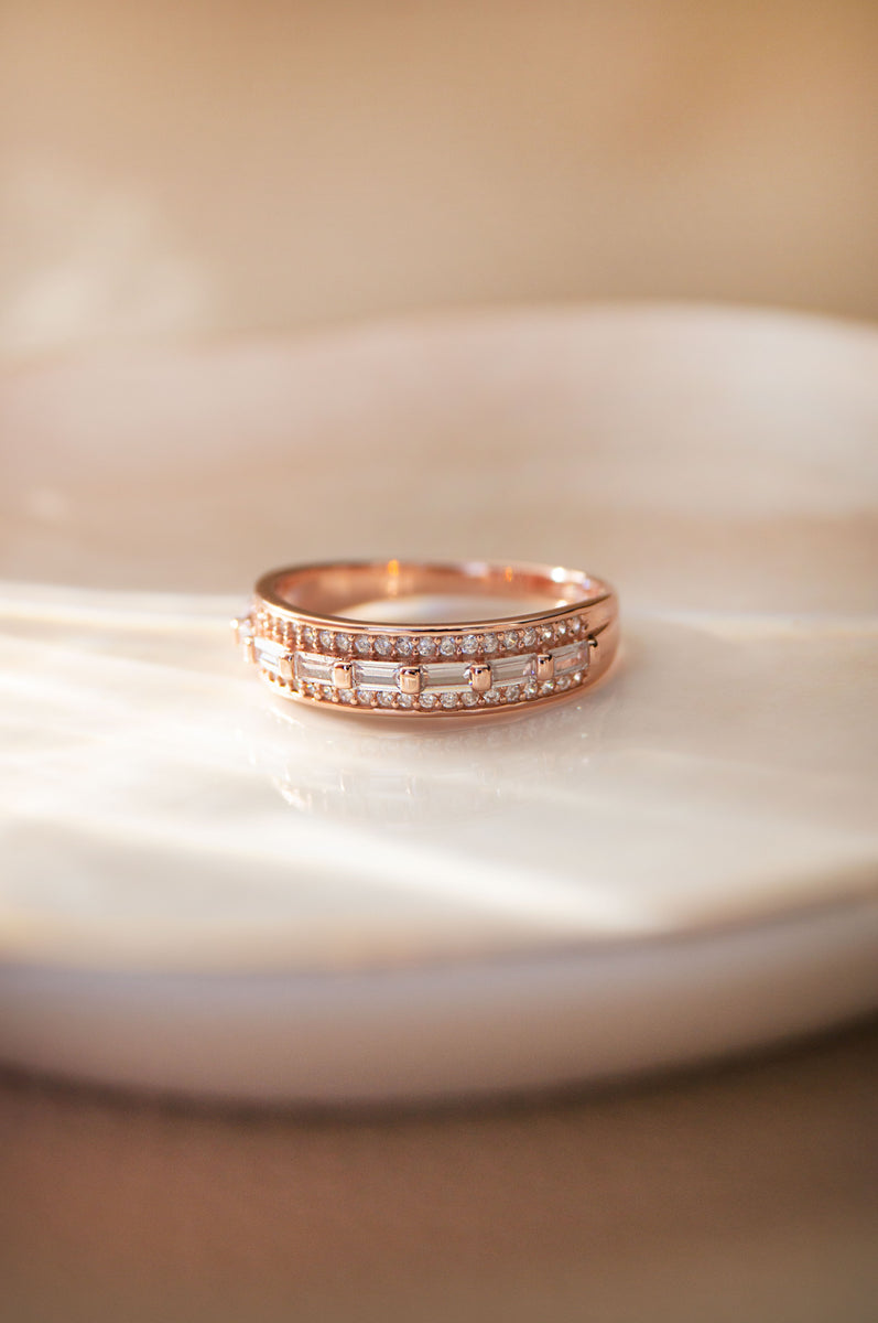 Genuine .925 Sterling Silver Ring With Cute Vintage CZ Stones - Rose Gold Tone, Sizes 5 To 10 - View #5
