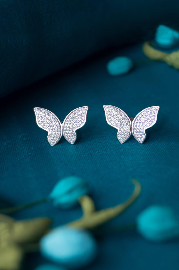 Open Wing Sparkle Butterfly Sterling Silver Stud Earrings 925