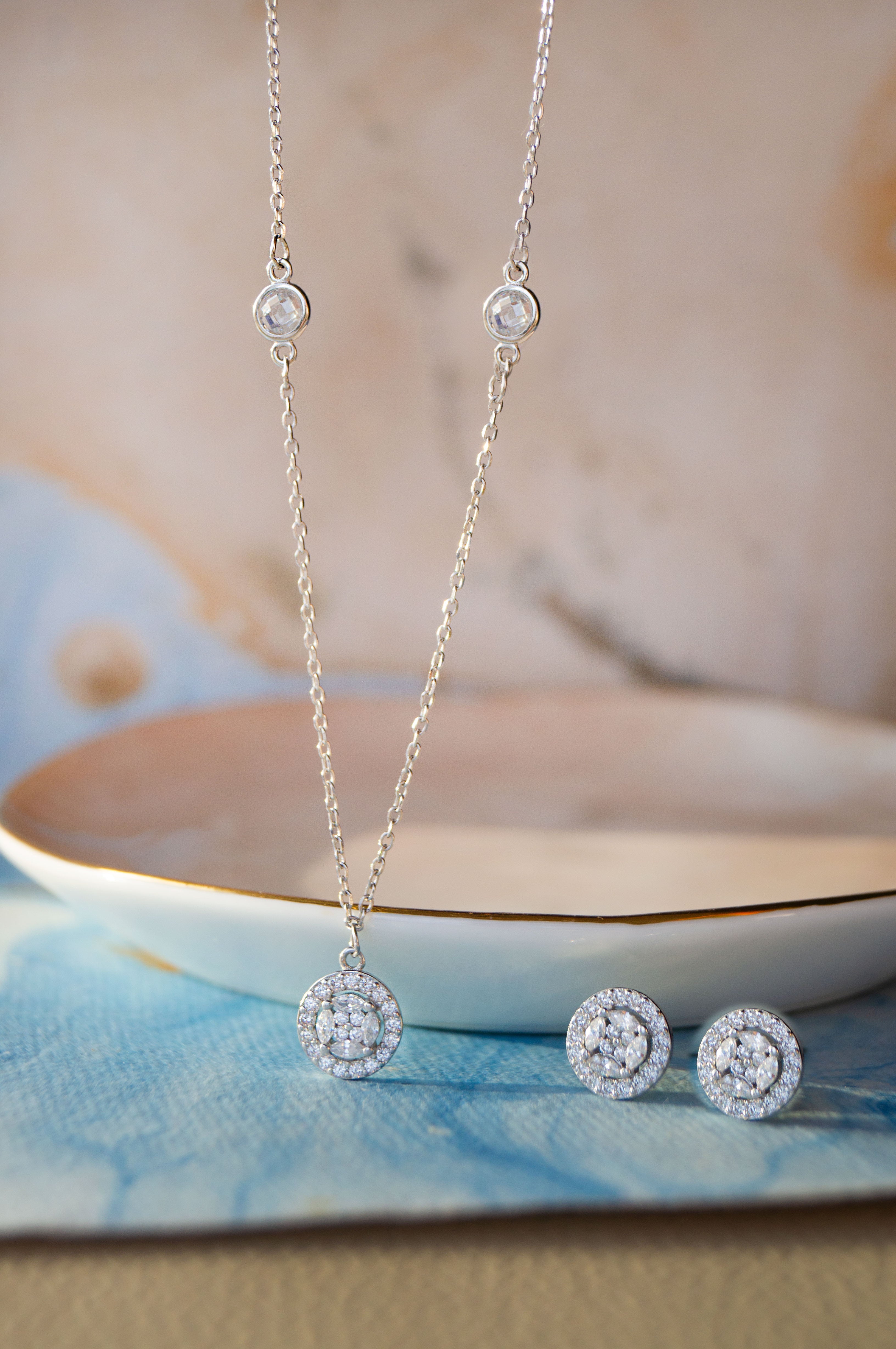 Minimal Cluster Sterling Silver Necklace Set 925 Silver Jewelry