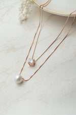Pearl & Solitaire Together Two Layer  Rose Gold Plated Sterling Silver Chain Necklace