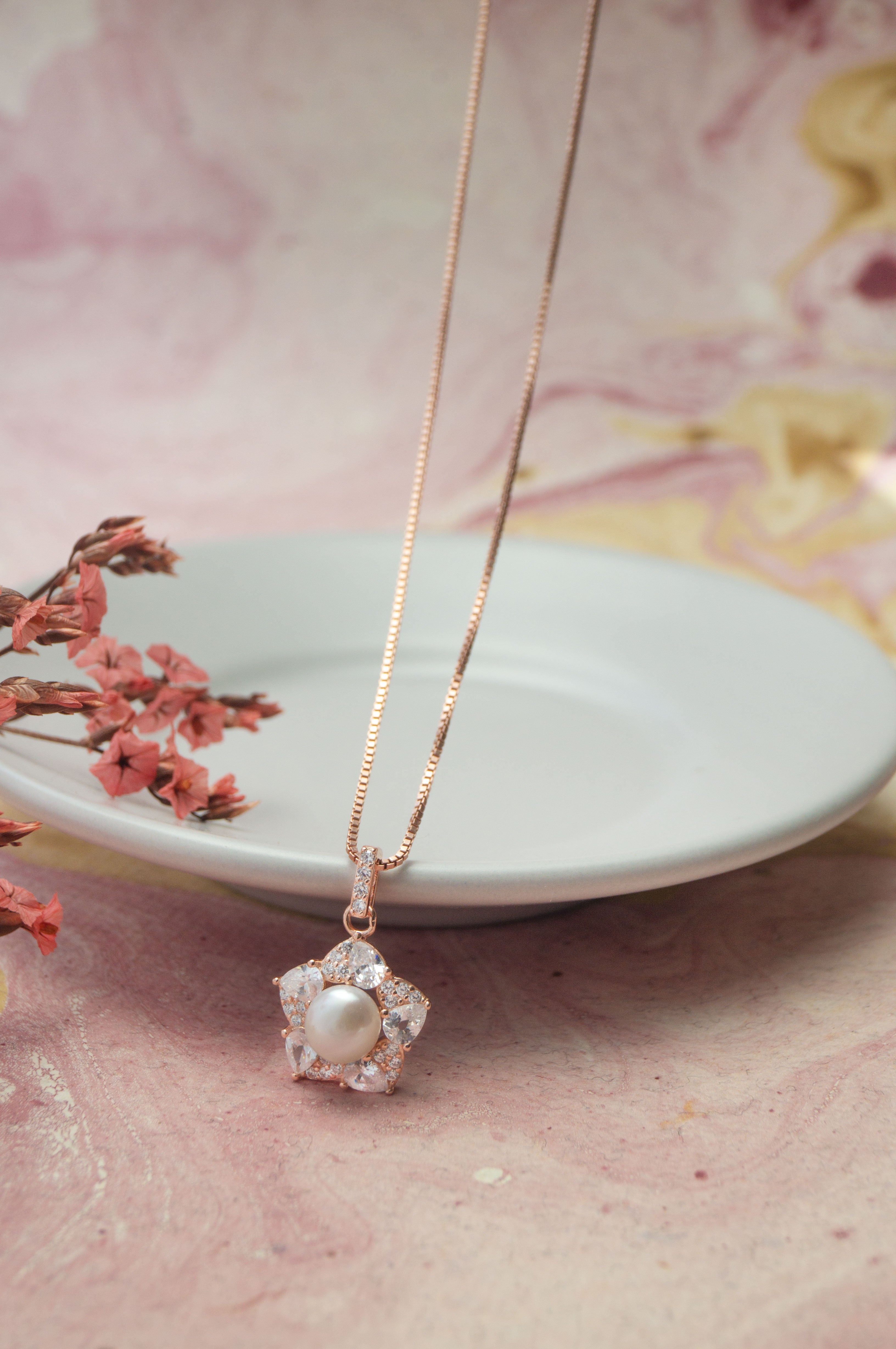 Blooming Pearl Flower Rose Gold Plated Sparkle Sterling Silver
