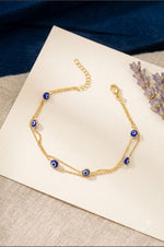Double Layer Dainty Gold Plated Evil Eye Sterling Silver Bracelet