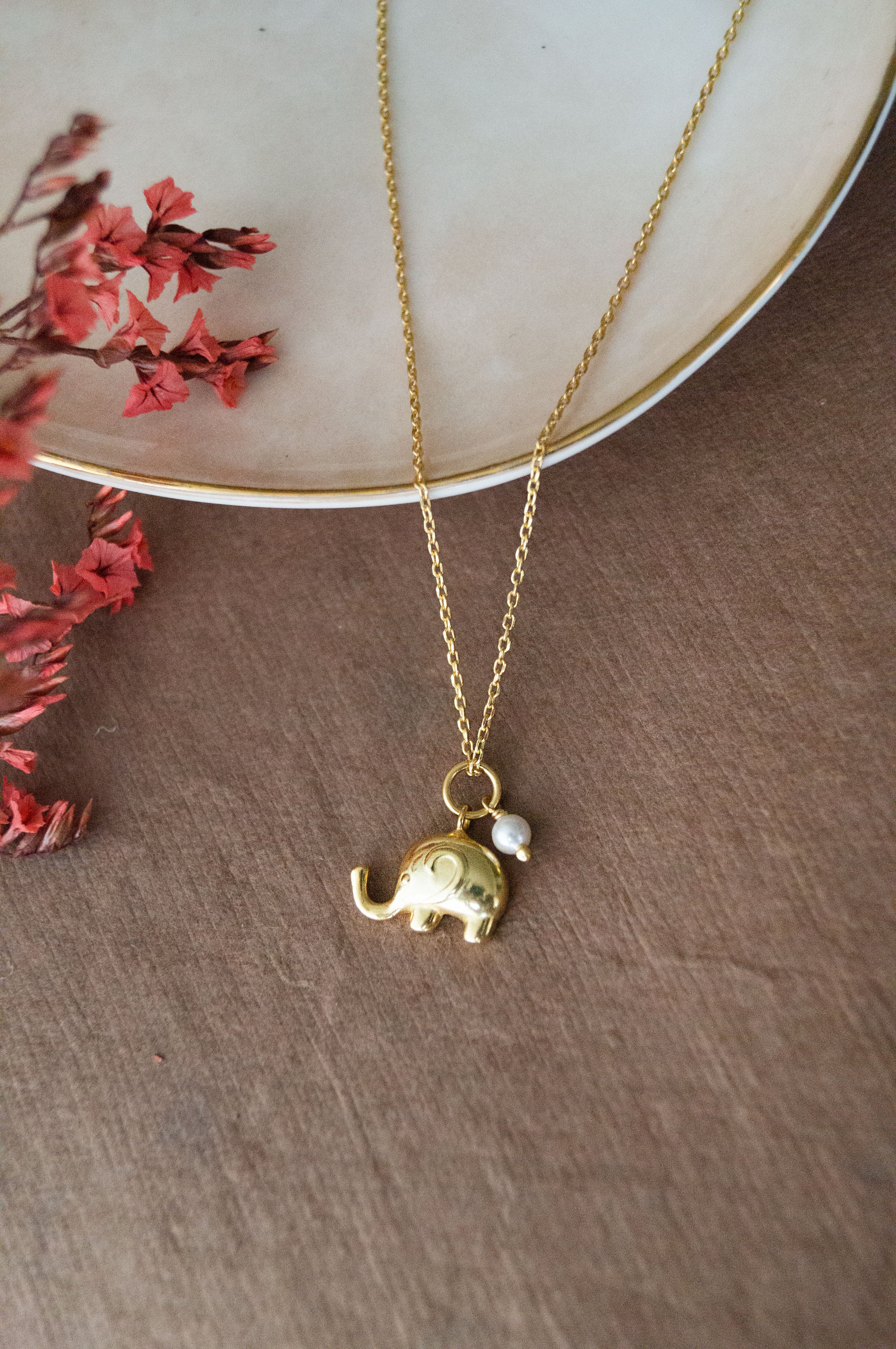 Cute Elephant With Pearl Gold Plated Sterling Silver Charm Pendant