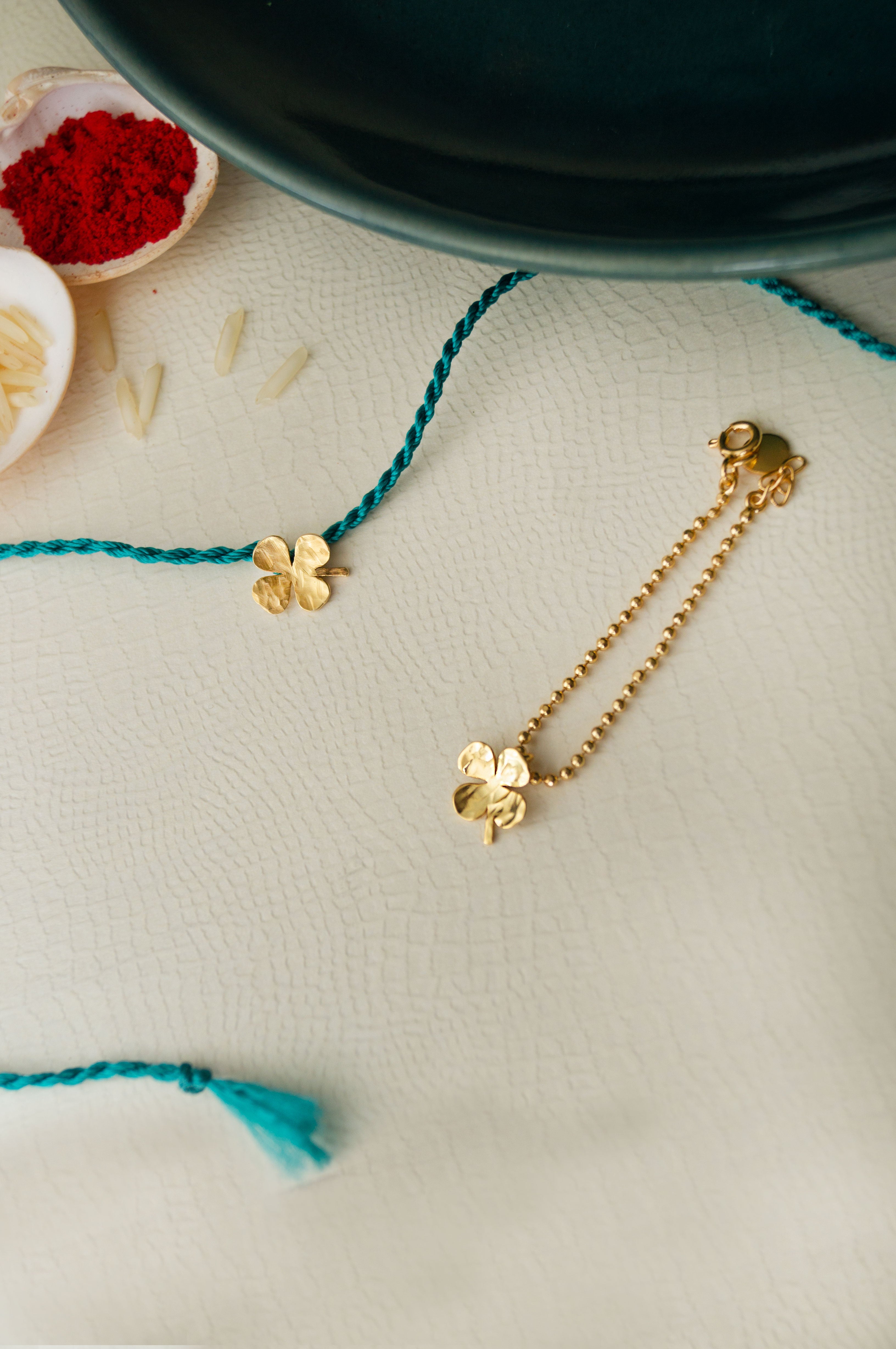 Gold Rakshi Good Luck Clover Gold Plated Sterling Silver Rakhi With Lumba Combo ...