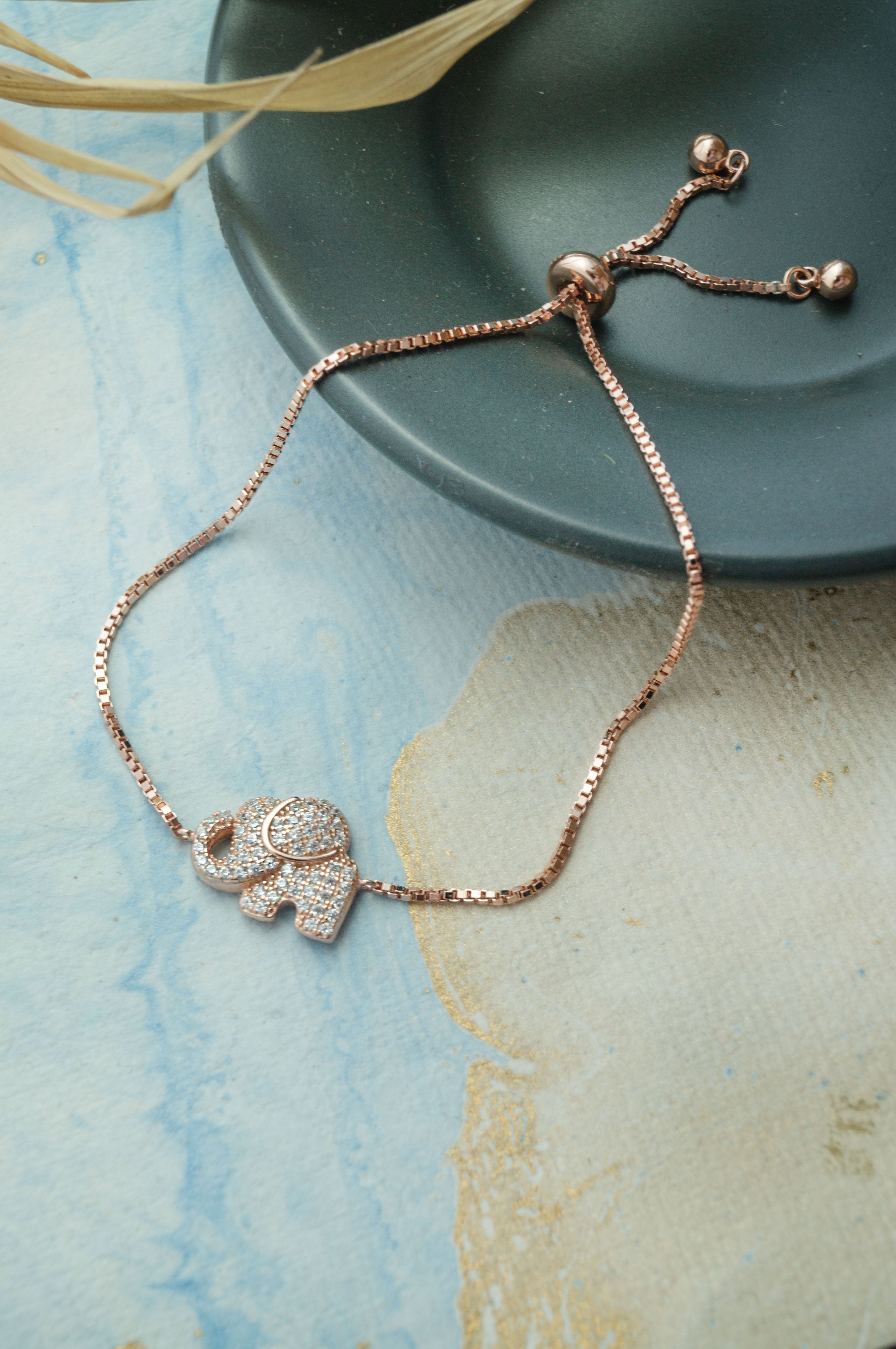 Rose inches adjustable upto inches Lucky Elephant Rose Gold Plated Sterling Silver Adjustable Bracelet