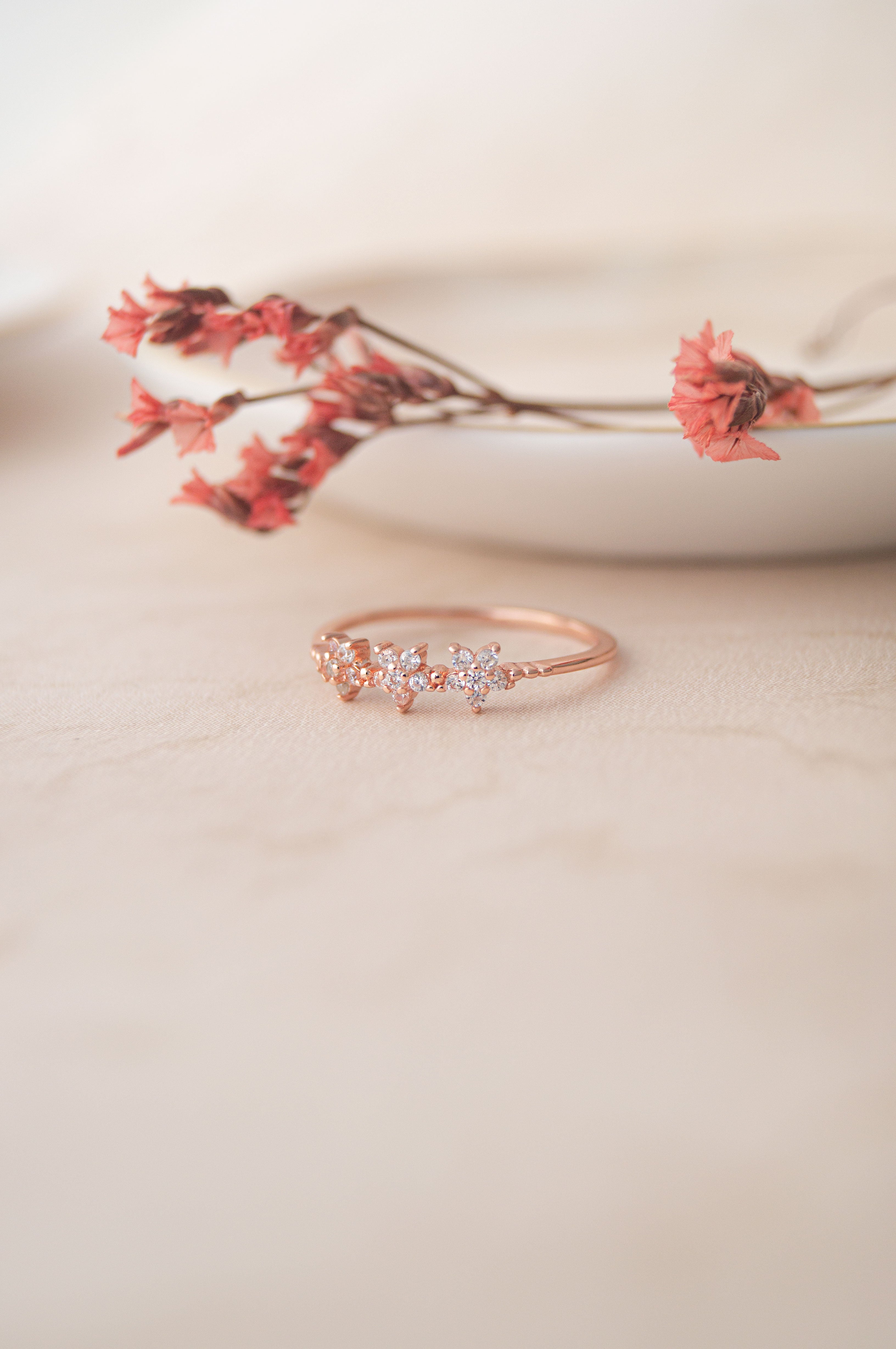 Buy Triple Flower Rose Gold Plated Sterling Silver Delicate Ring by Mannash Jewellery