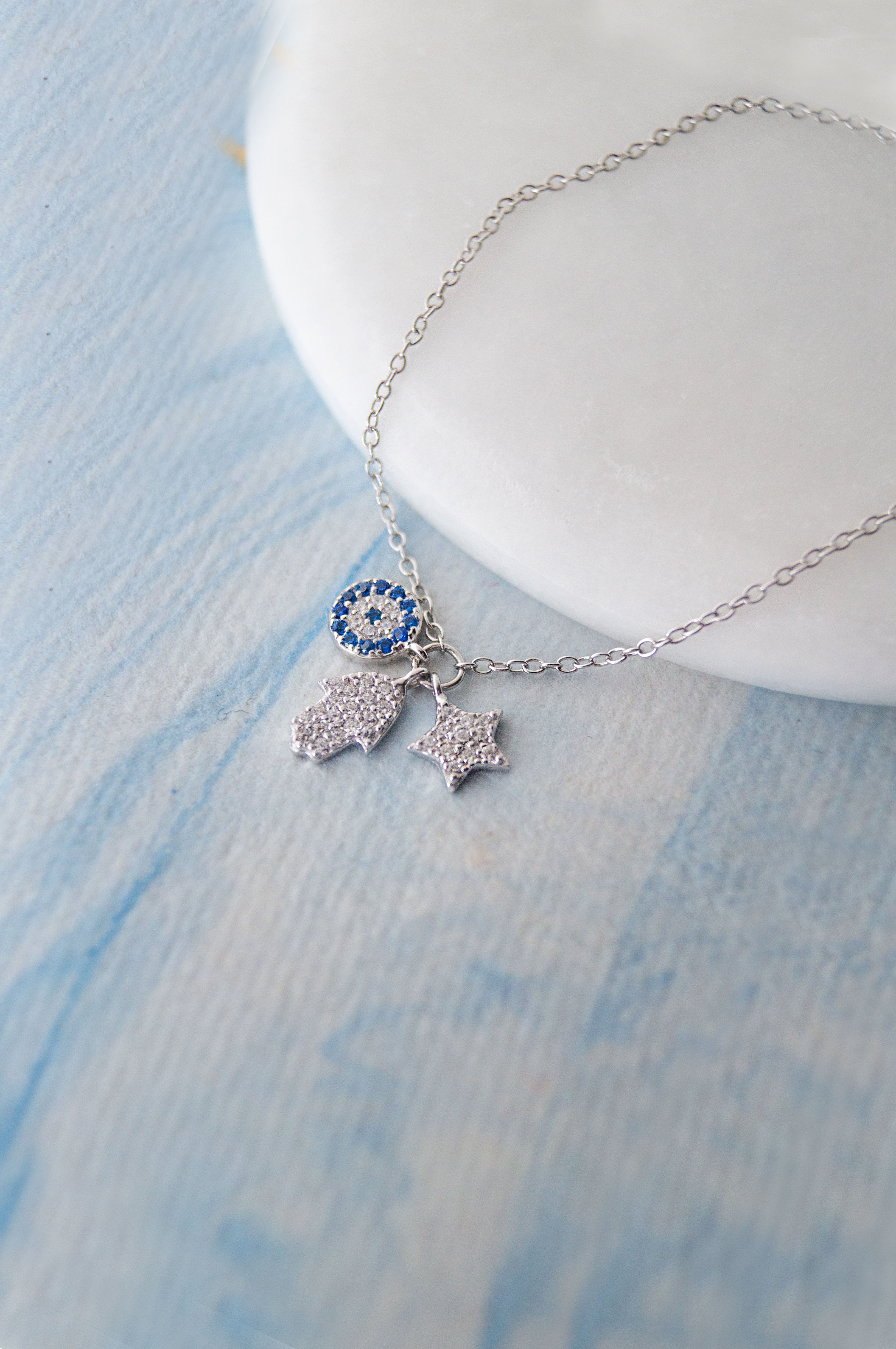 Evil Eye Hamsa Chain Bracelet – 925 Sterling Silver, Adjustable 8", Lab-Created Stone