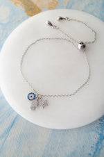 Hamsa Evil Eye Charm Rose Gold Plated Sterling Silver Pull Chain Bracelet