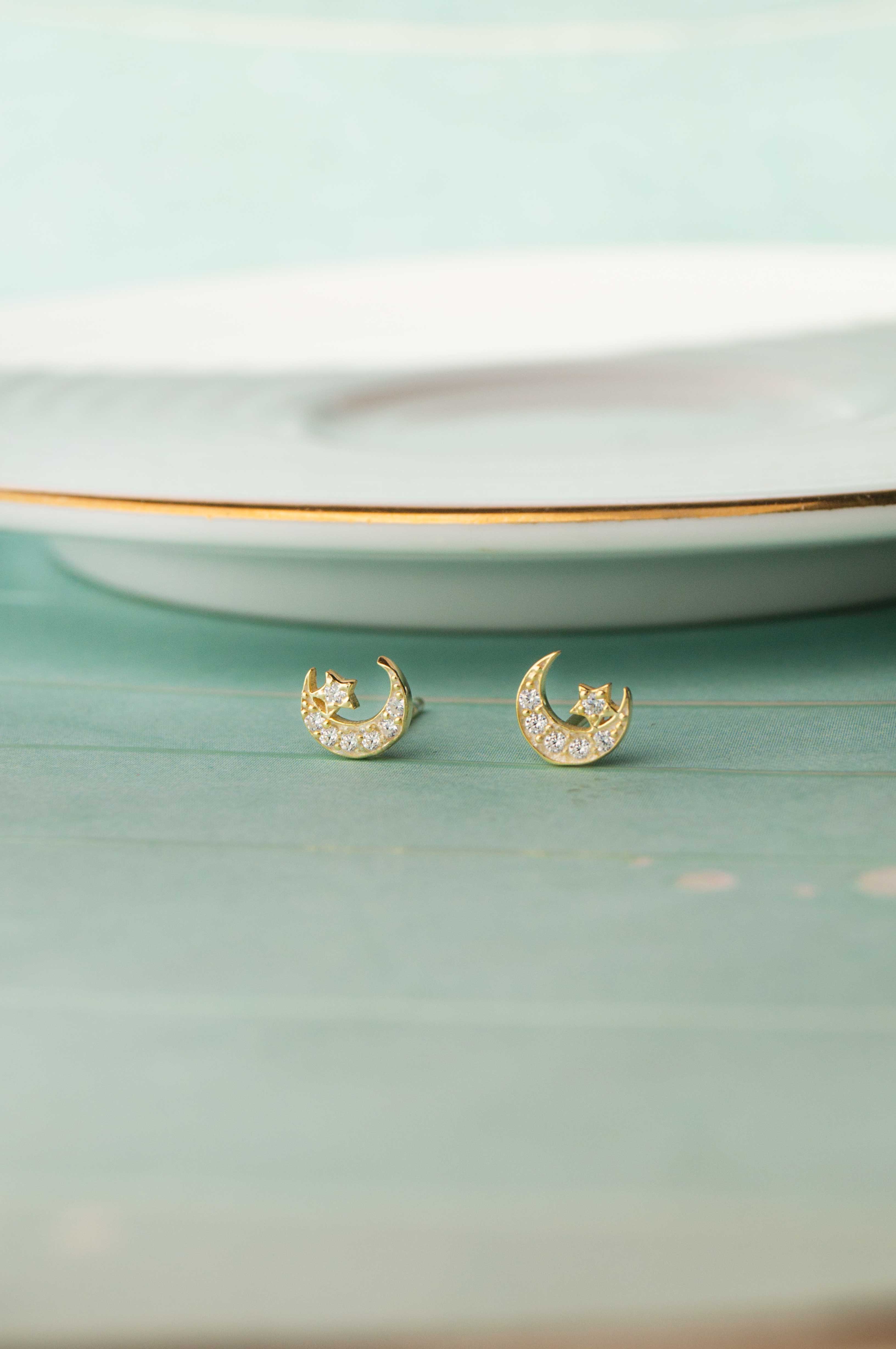 Sterling Silver Moon And Star Stud Earrings Gold Star Moon Sterling