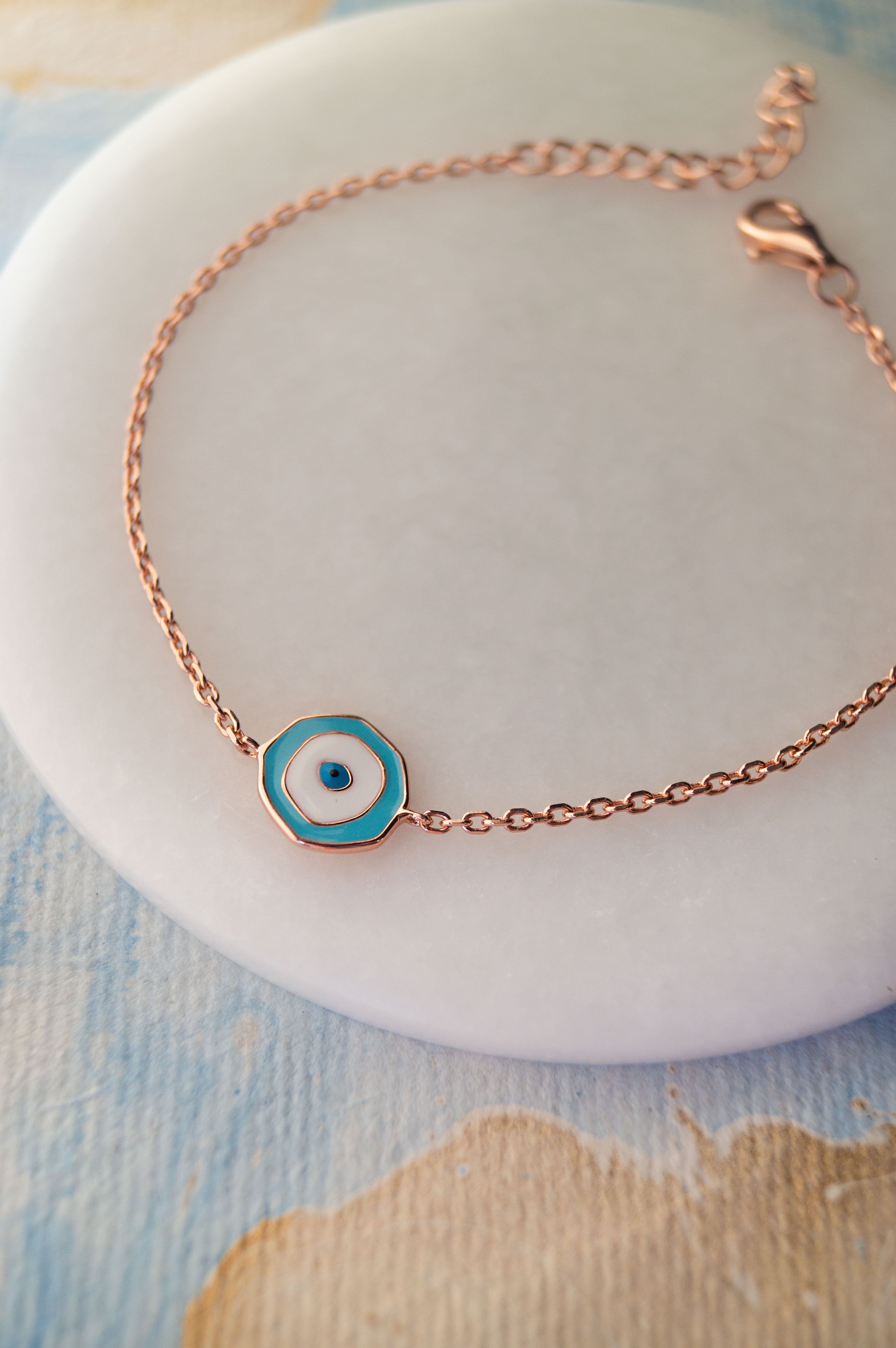 Evil Eye Round Hand-Painted Delicate Sterling Silver Chain Bracelet Silver / 6 inches adjustable upto 8 inches