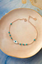 Evil Eye Turquoise Beads Accented Rose Gold Plated Sterling Silver Chain Bracelet