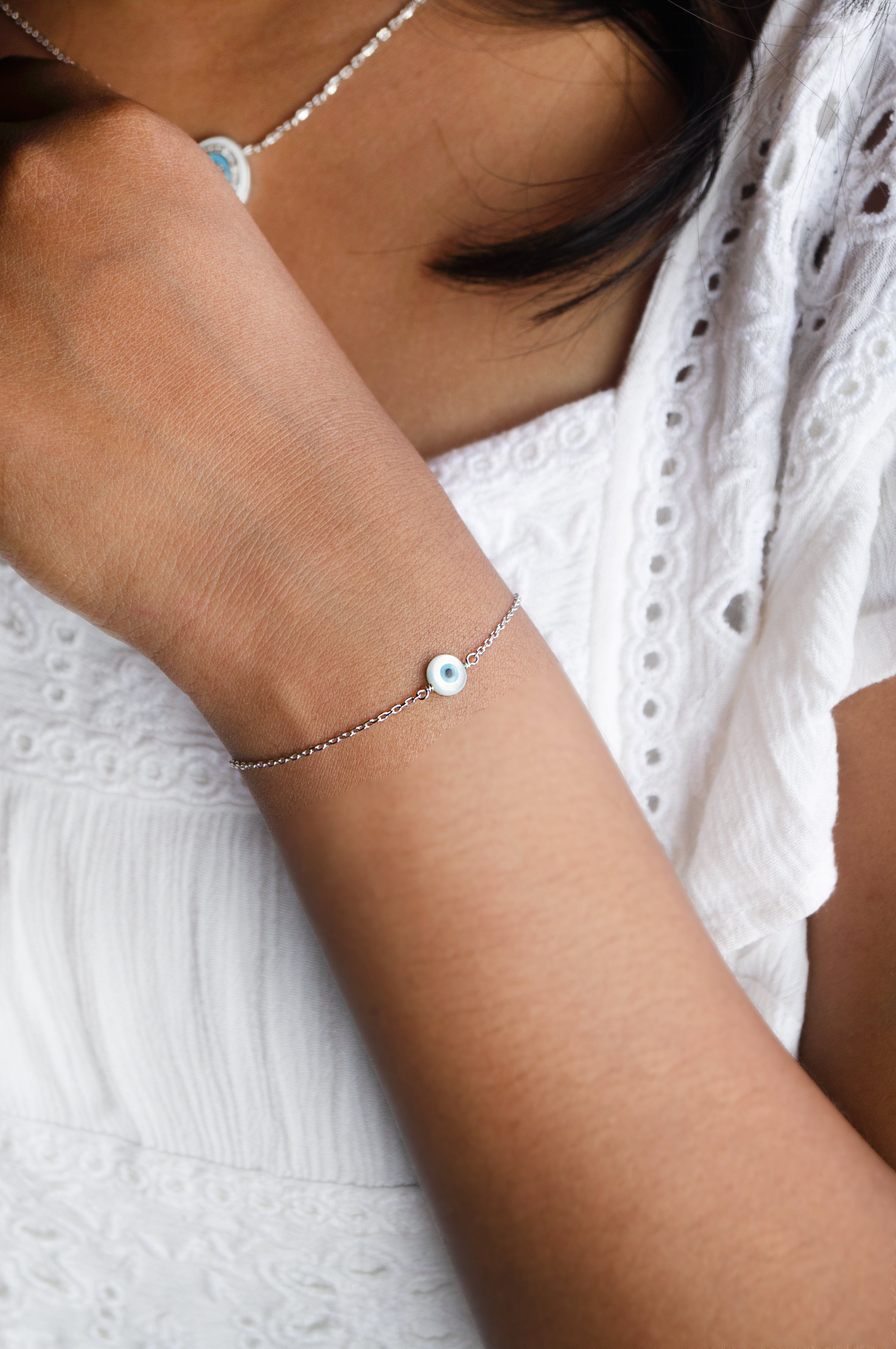 Mannash| Evil Eye Mother-Of-Pearl Sterling Silver Delicate Bracelet