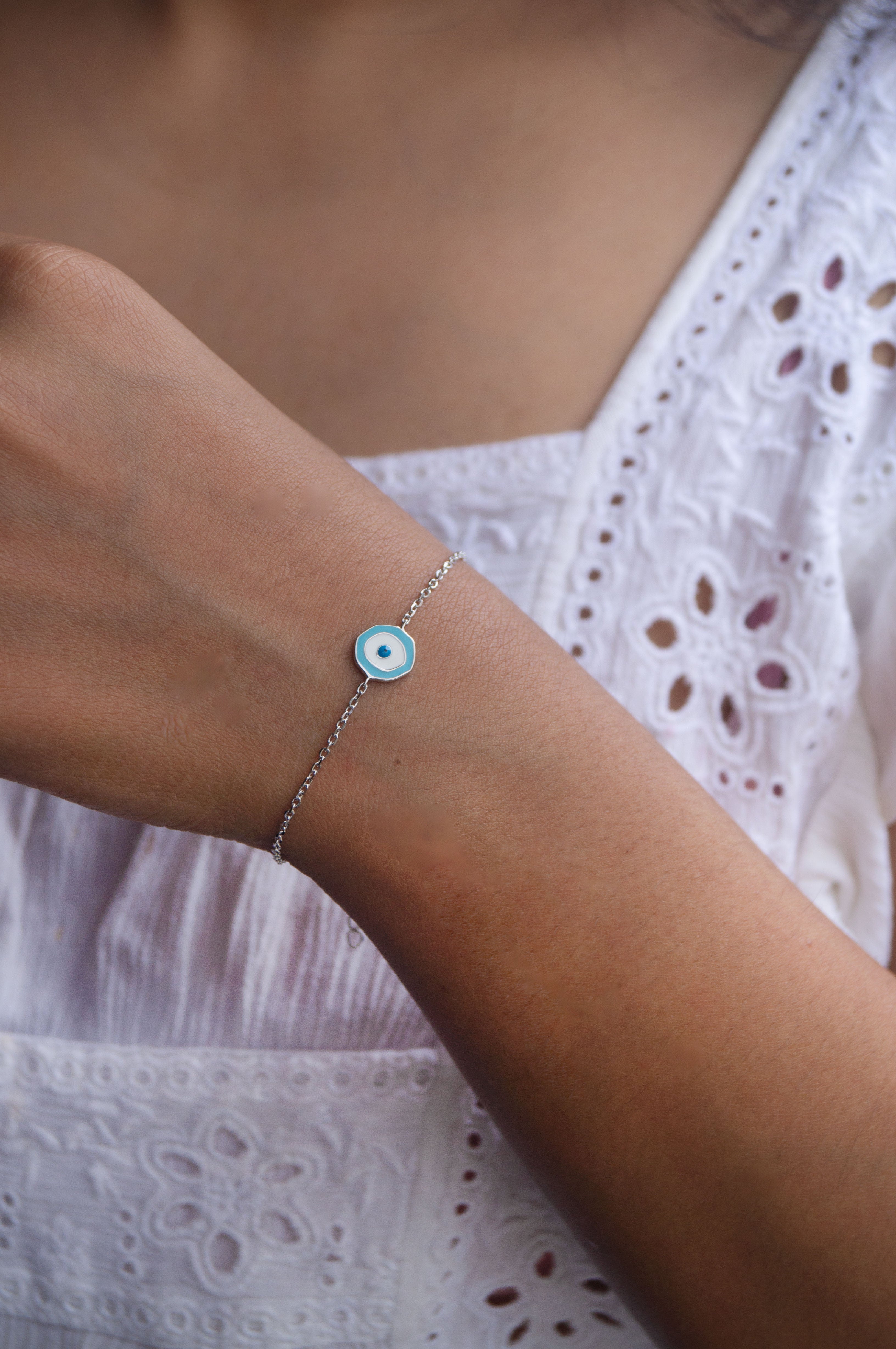 Evil Eye Round Hand-Painted Delicate Sterling Silver Chain Bracelet Silver / 6 inches adjustable upto 8 inches