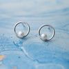 Swinging Pearl Circular Dainty Sterling Silver Stud Earrings