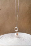 Square With Pearl Droplet Sterling Silver Chain Necklace