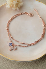 Hamsa Evil Eye Charm Two Layer Sterling Silver Chain Bracelet