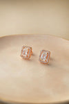 Halo Emerald Cut Solitaire Rose Gold Plated Sterling Silver Earrings