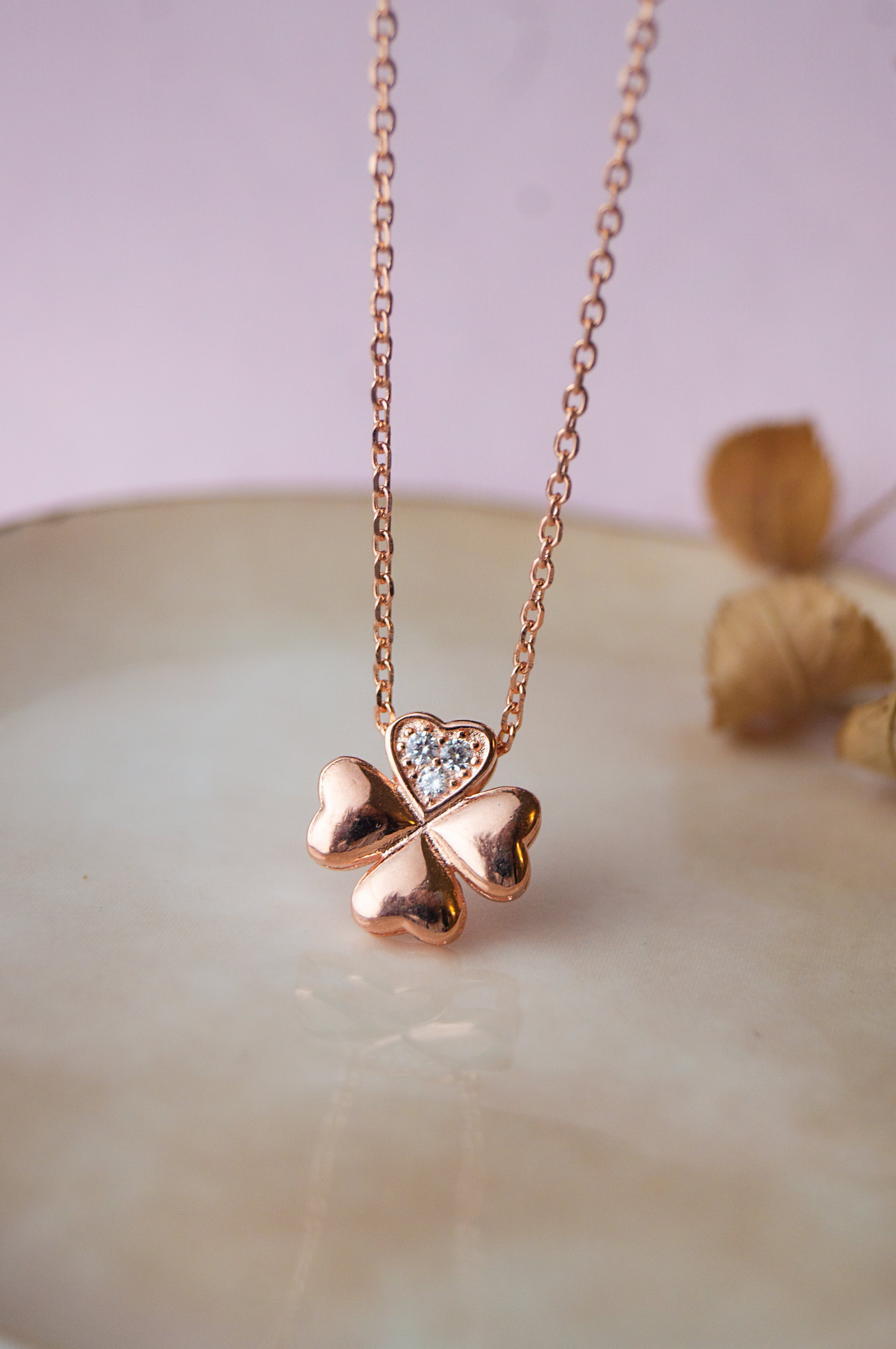 Rose Gold Four Leaf Clover Pendant Necklace in Sterling Silver