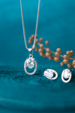 Halo Oval Solitaire Sterling Silver Pendant Set